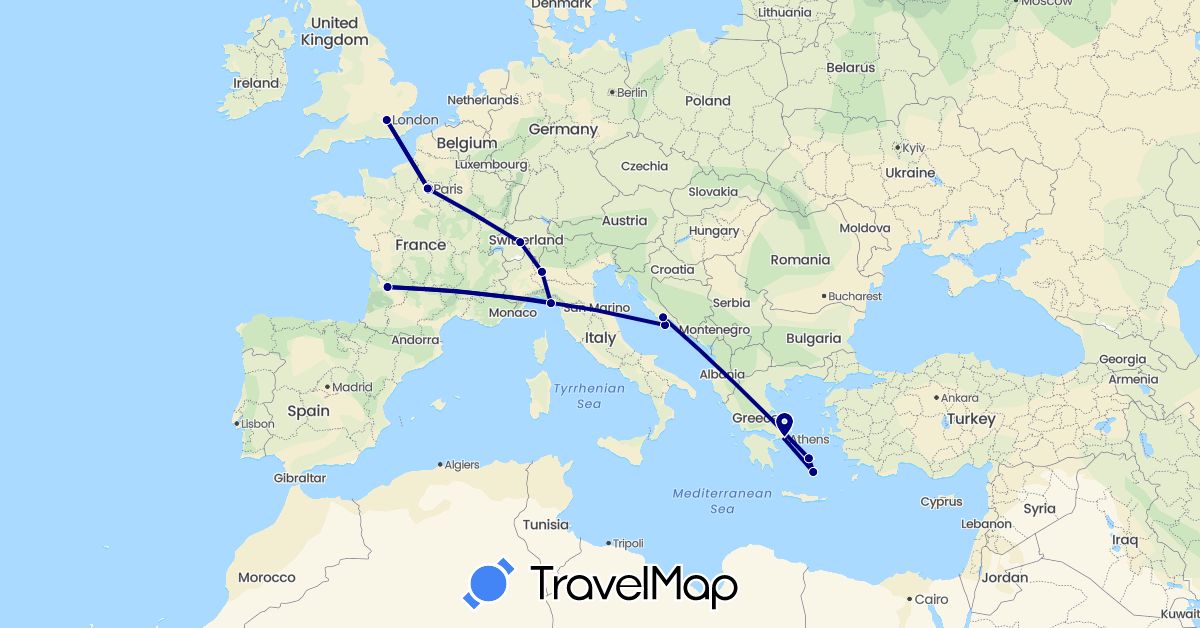 TravelMap itinerary: driving in Switzerland, France, United Kingdom, Greece, Croatia, Italy (Europe)